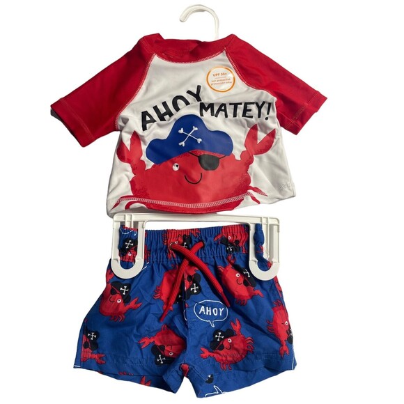 Cute Carters Boys 3M Swim Trunk Matching Shirt 2 Piece Ahoy Matey Pirate Crab - Picture 1 of 9